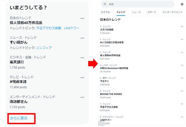 ツイッター　トレンド画面　PC