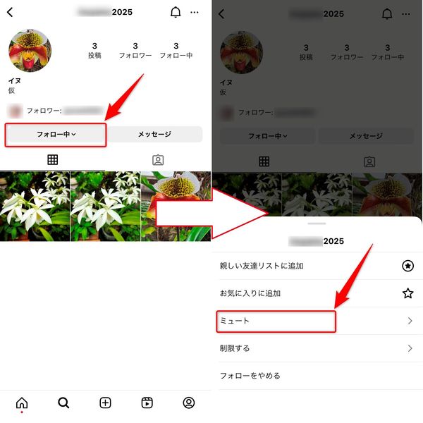 プロフィール画面の「フォロー中」からメニューを開く