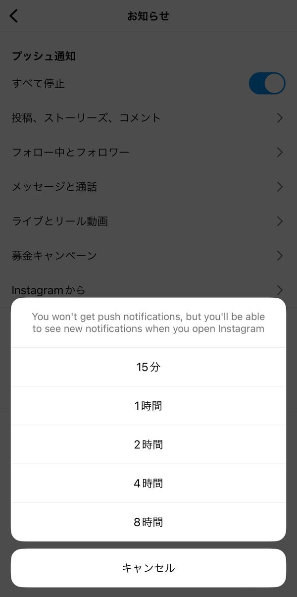 お知らせから「すべて停止」をオンにする
