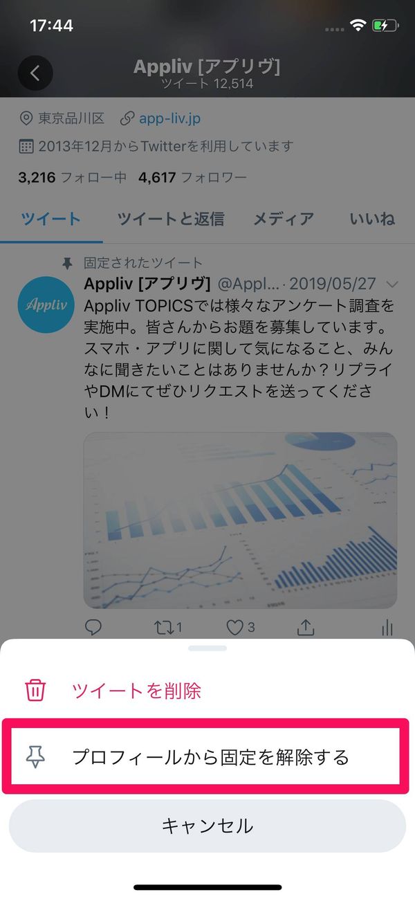プロフィールから固定を解除するを選択