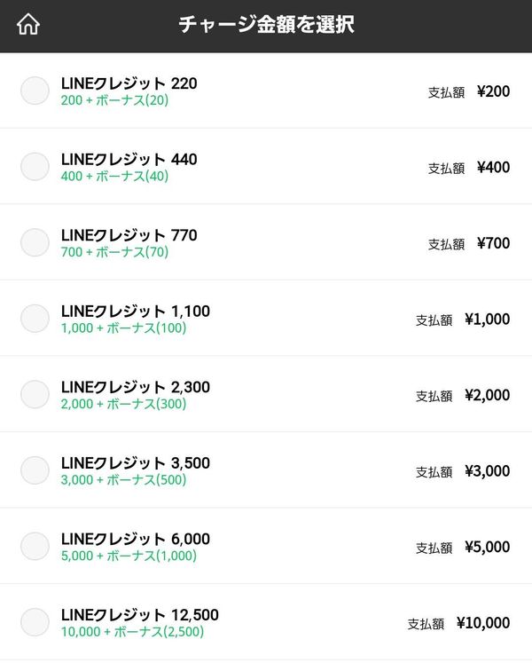 LINEクレジットのチャージ金額を選択