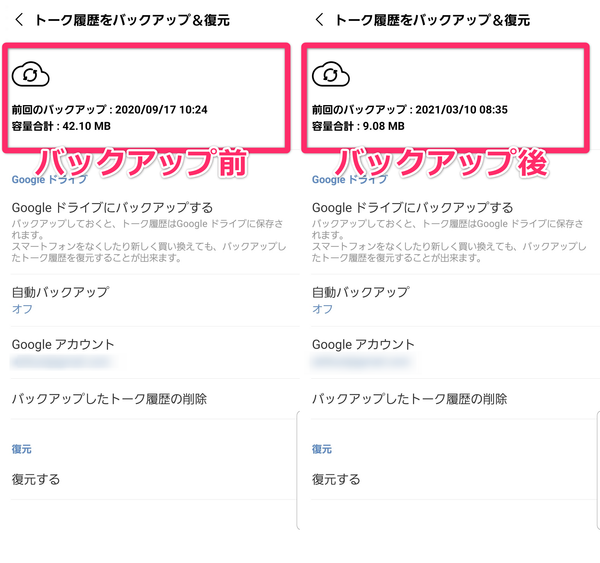 LINE トーク履歴のバックアップ完了画面