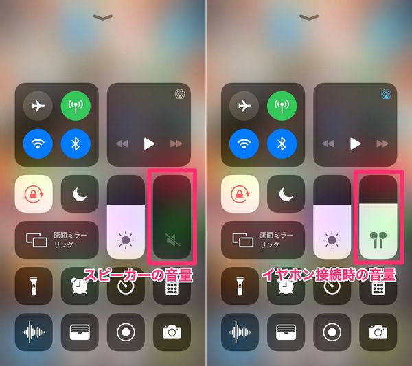 コントロールセンターでの音量設定
