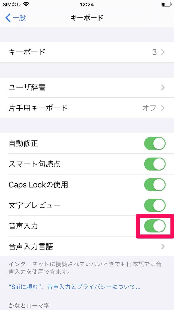 「音声入力」が有効になった状態