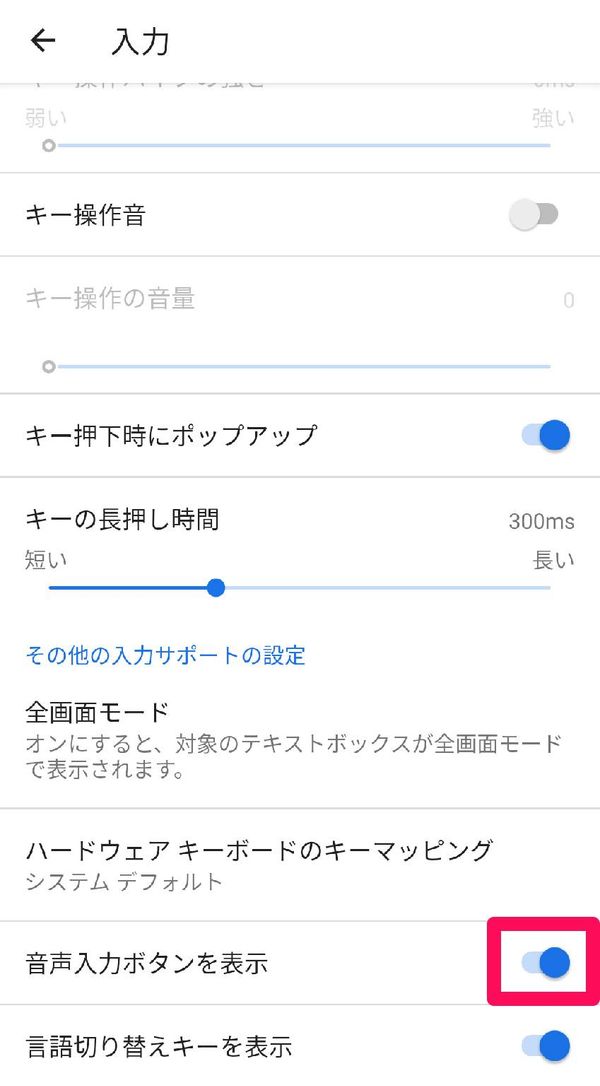 「音声入力ボタンを表示」のトグルがオンの状態