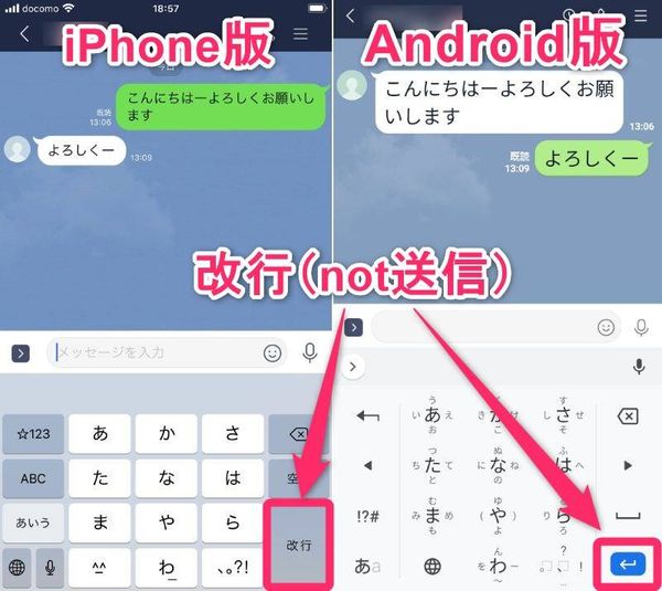 スマホ版『LINE』キーボード上に「改行ボタン」がある状態