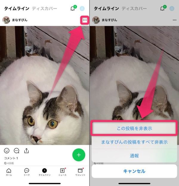 ［･･･］をタップし、［この投稿を非表示］を選択