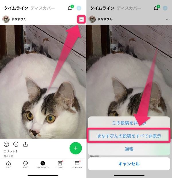 ［･･･］をタップし、「（名前）の投稿をすべて非表示」を選択