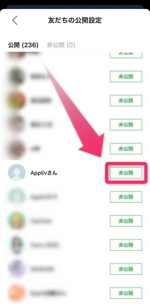 非公開にしたい相手を選んで［非公開］タップで完了