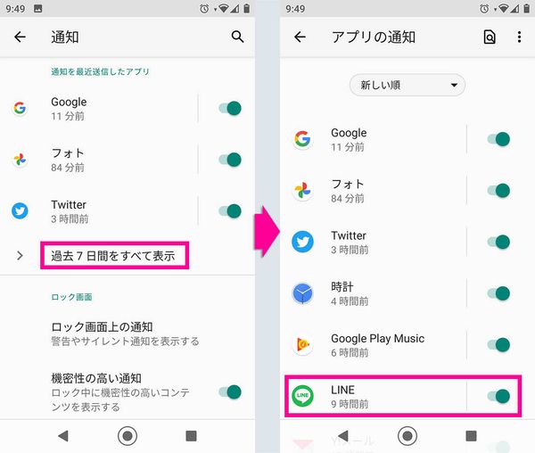 Androidでのアプリ通知設定確認