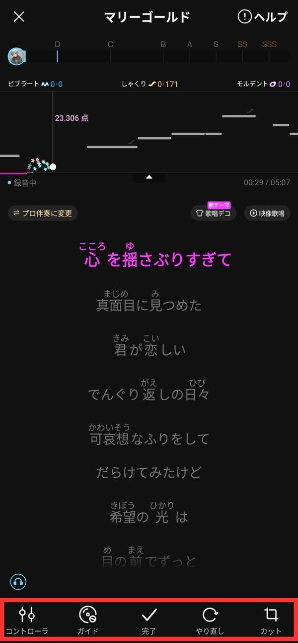 歌唱中の画面。