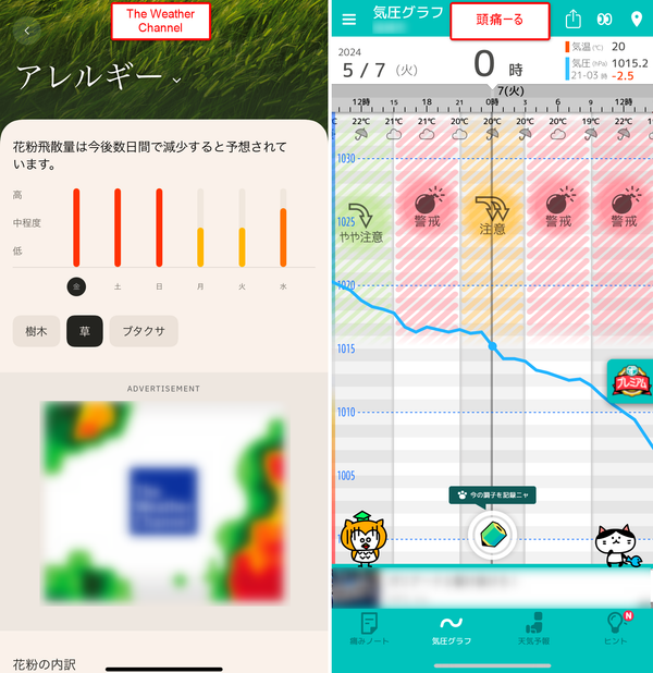 頭痛や花粉アレルギーなど予報画面