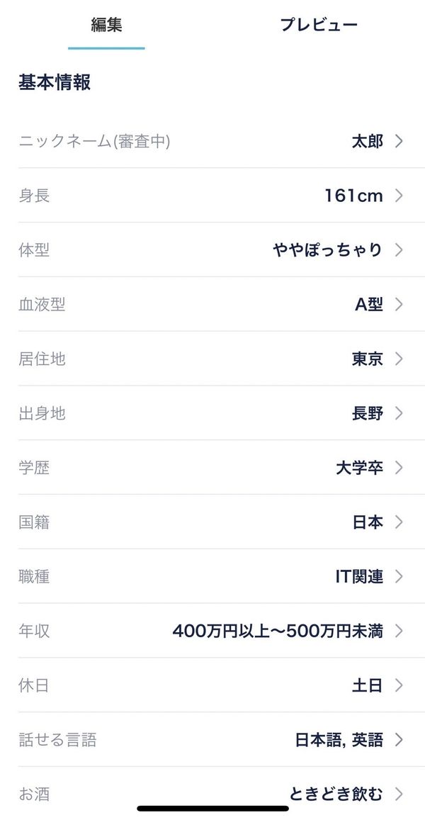 プロフィール項目