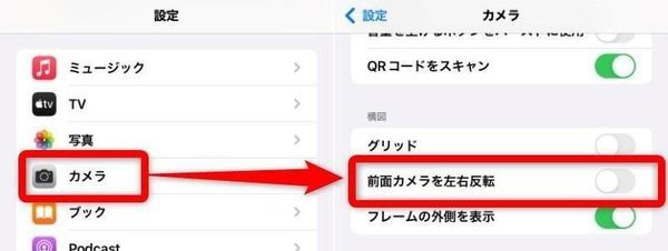 前面カメラの左右反転をオフにする方法