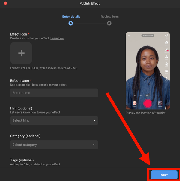 6. エフェクトのアイコンや名前を決めたら、「Next」をタップ