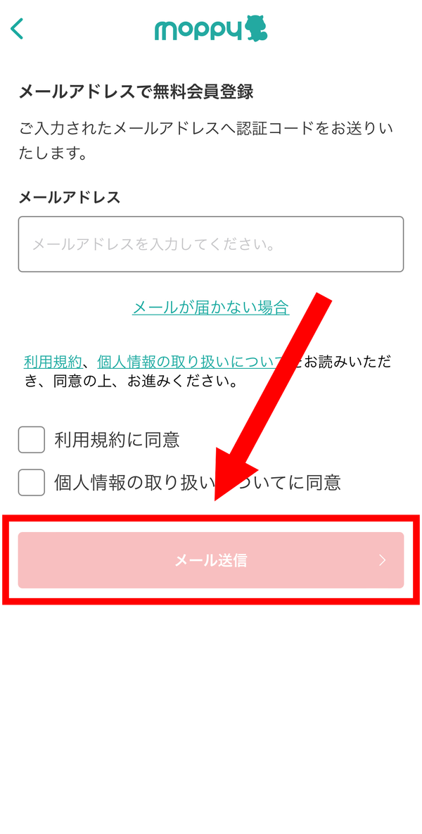 2. メールアドレスを入力し、利用規約と個人情報に同意のチェックをいれたら、「メール送信」をタップ
