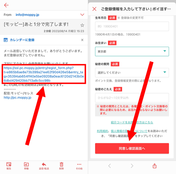 3. 送られてきたメールに記載されたURLをタップし、必要情報を入力したら、「同意し確認画面へ」をタップ