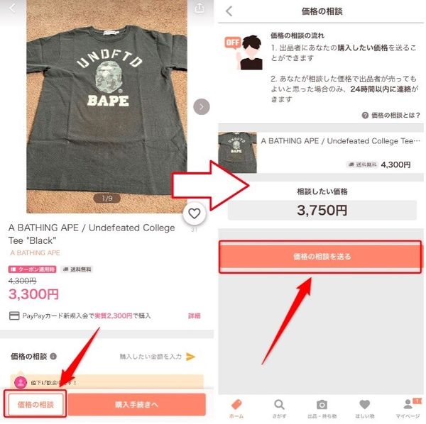 ①	購入希望者が価格の相談を送る