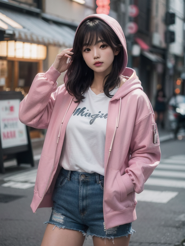 街角で目を引くストリートファッションの美女