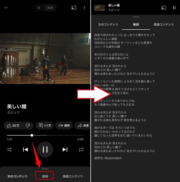 楽曲の再生画面。歌詞の表示もできる