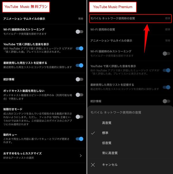 音質の変更メニューが追加されている