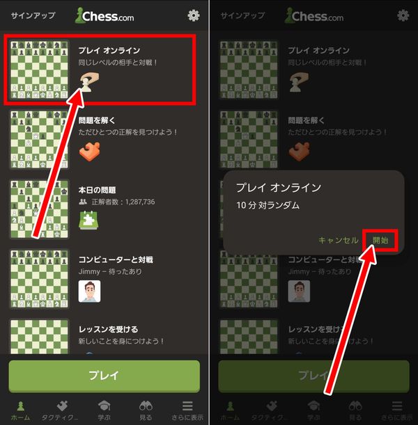 1.「プレイ オンライン」を選択し、「開始」をタップ