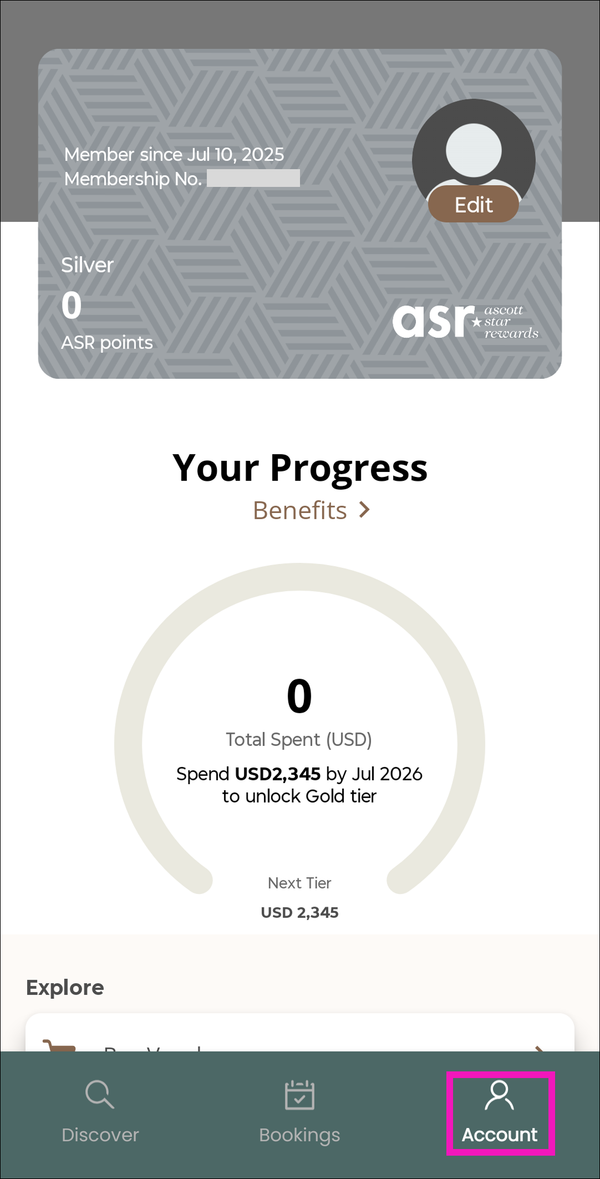 『Ascott Star Rewards』の会員ステータス画面