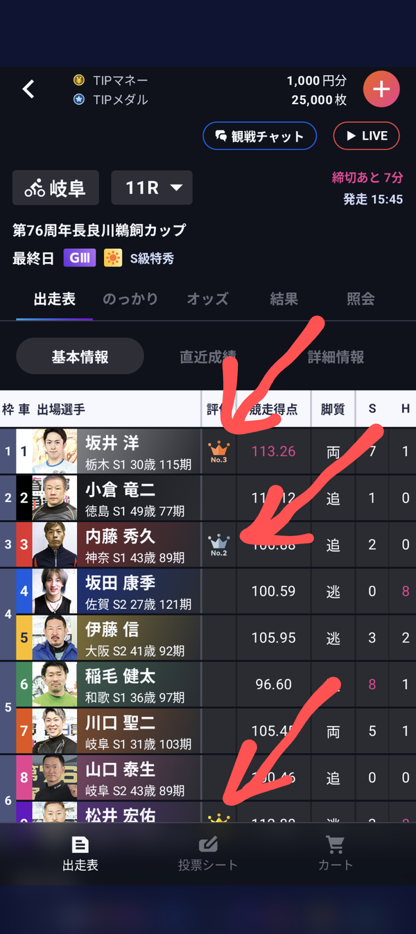 TIPSTAR出走表の例