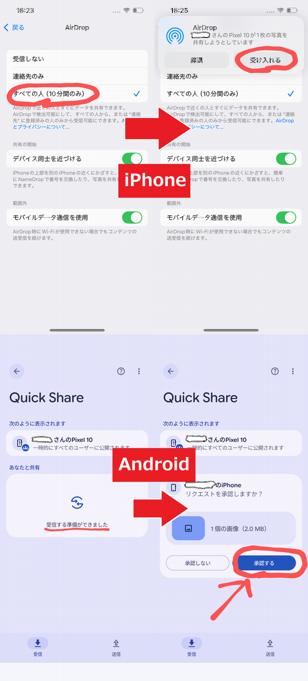 受信を承諾する画面