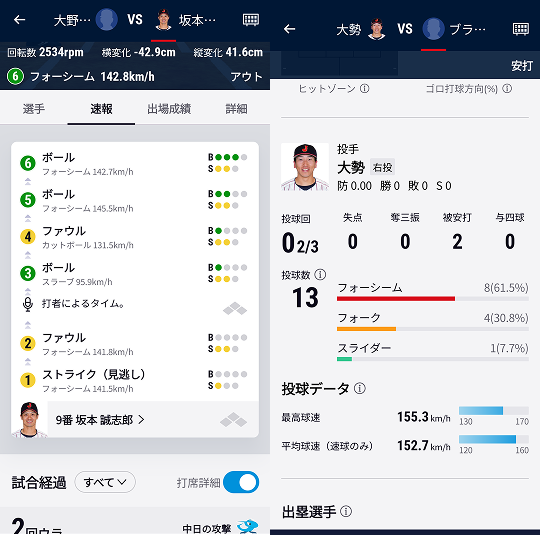 『NPB＋』の試合状況の画面