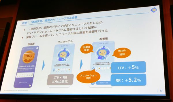 ▲「連続学習」画面のリニューアル改善事例（登壇資料より）