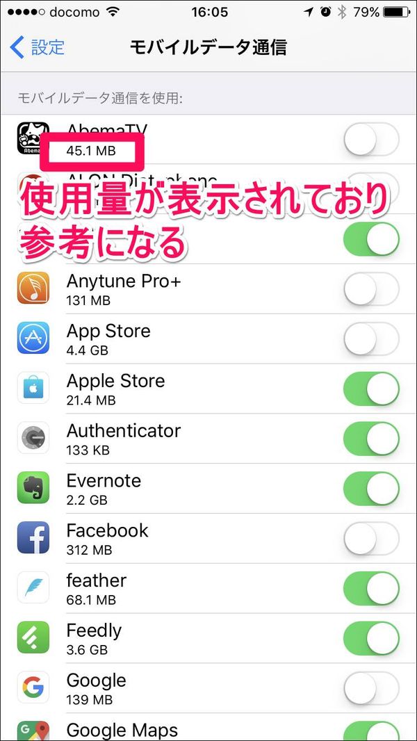 モバイルデータ通信の画面