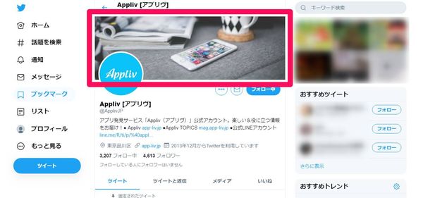 ウェブ版Twitterのプロフィール