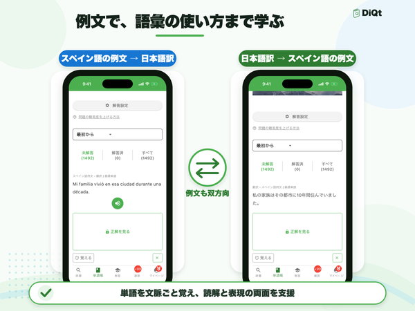 対象言語の例文と日本語訳を使った問題も収録