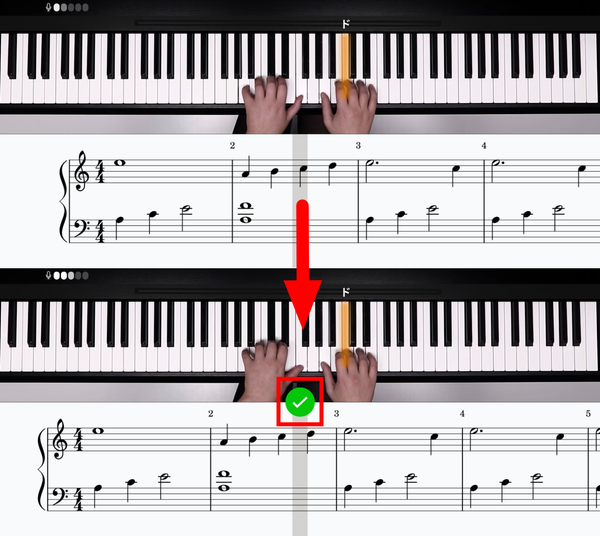 flowkeyの待機モードで正しい音を弾いた様子