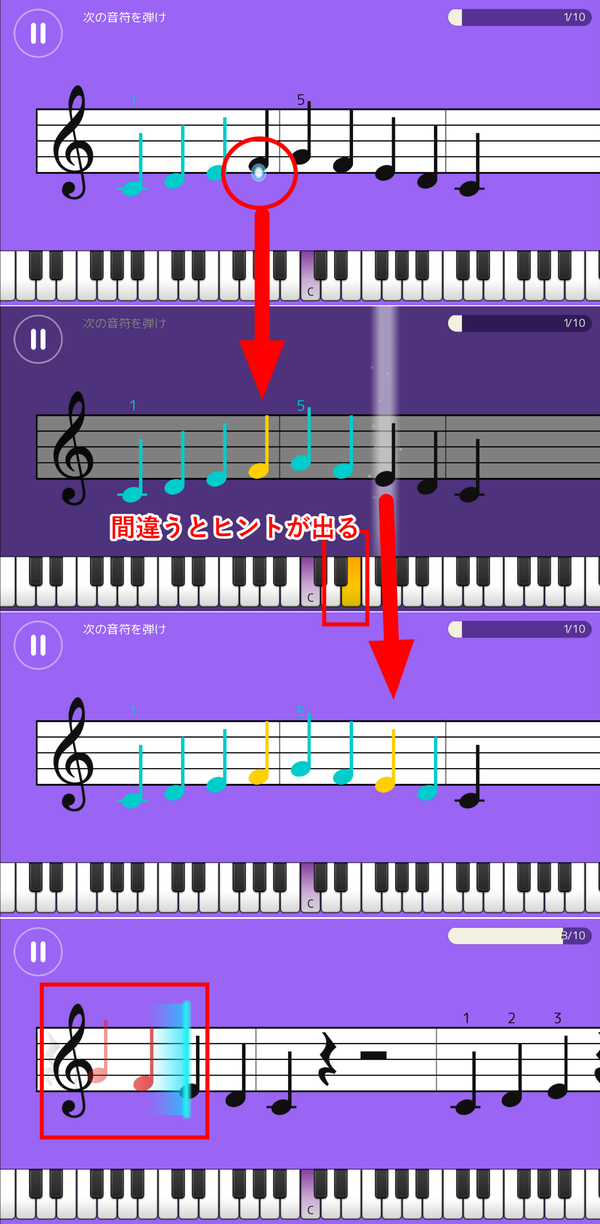 Simply Pianoで聞き取った音と正しい鍵盤が表示されている画面