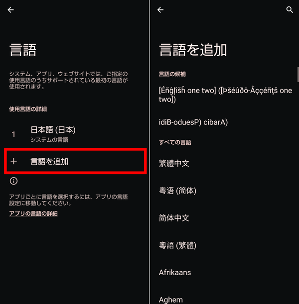 「言語を追加」を開いている画面