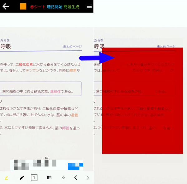 『赤シートアプリ - カクセル』での赤、オレンジ、ピンク文字の比較