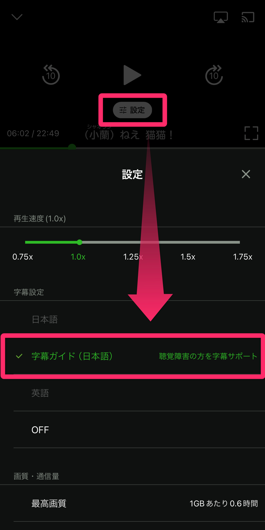 Hulu 字幕ガイド設定