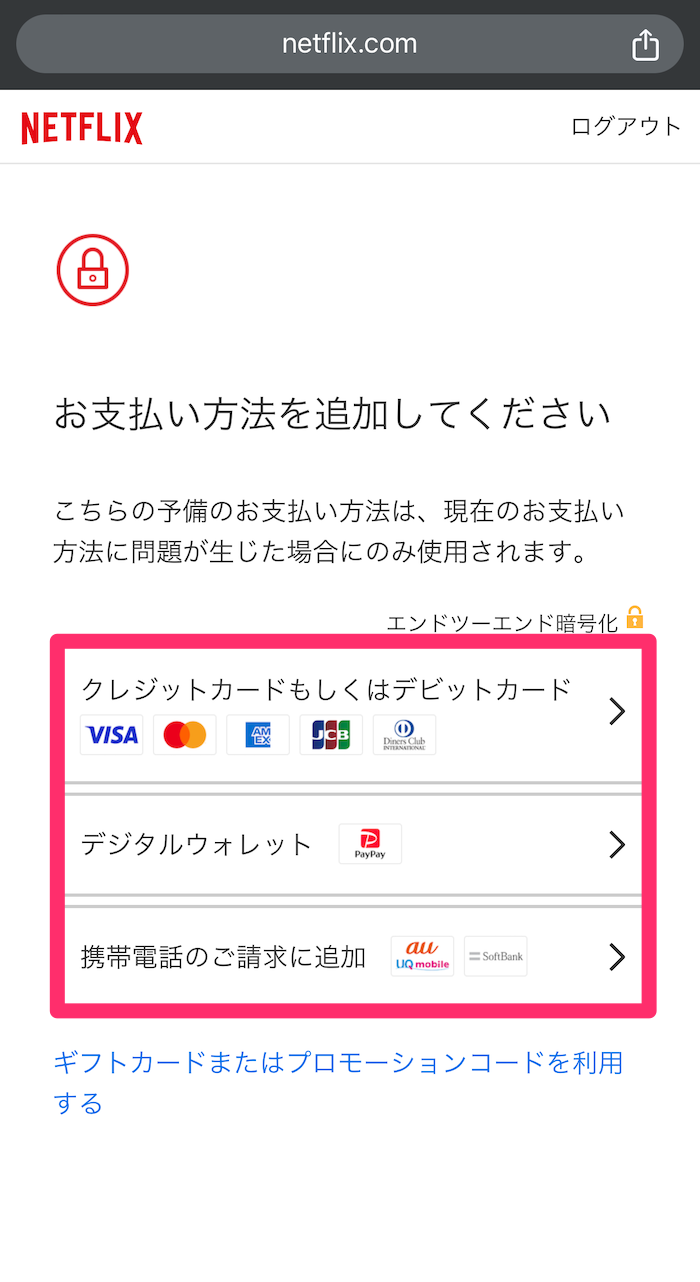 ウェブ版Netflixの支払方法追加画面の画像