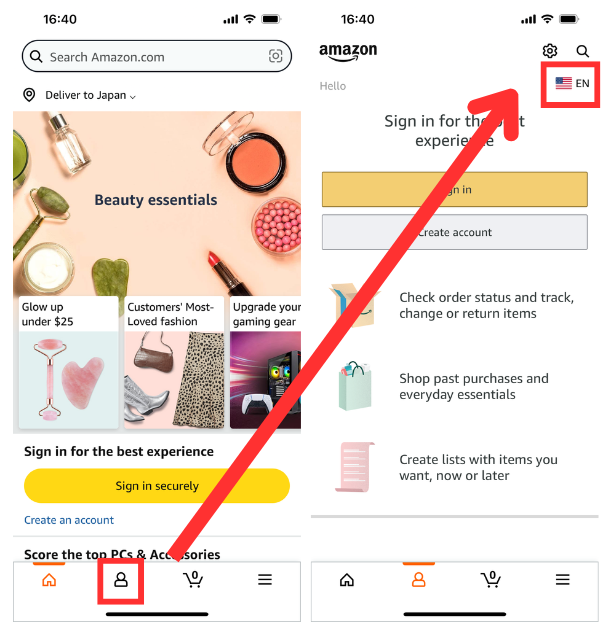 英語表示になったAmazonのトップ画面と設定画面