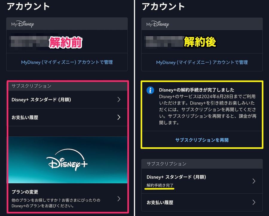 ディズニープラス解約前・解約後のマイページの画面