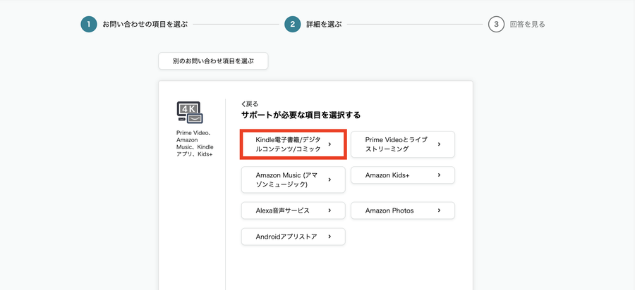 サポートが必要な項目を選択する画面