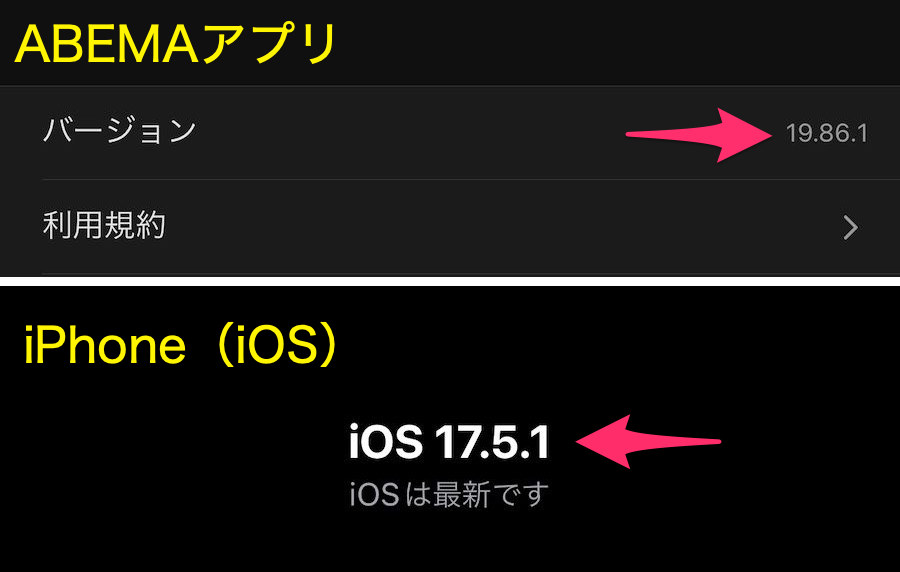 ABEMAアプリとiOSのバージョンが表示された画面の画像