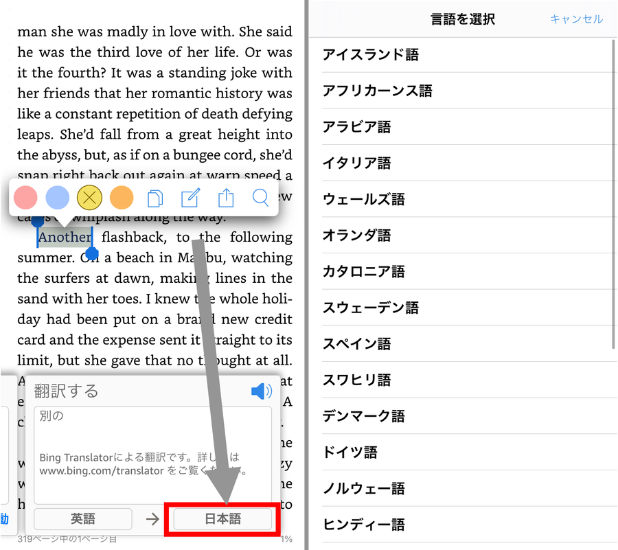 翻訳の言語変更画面