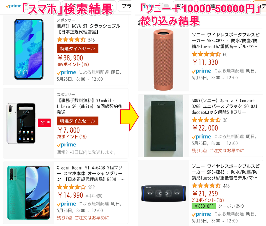 Amazon「スマホ」検索結果＋「ソニー＋10000-50000円」絞り込み結果