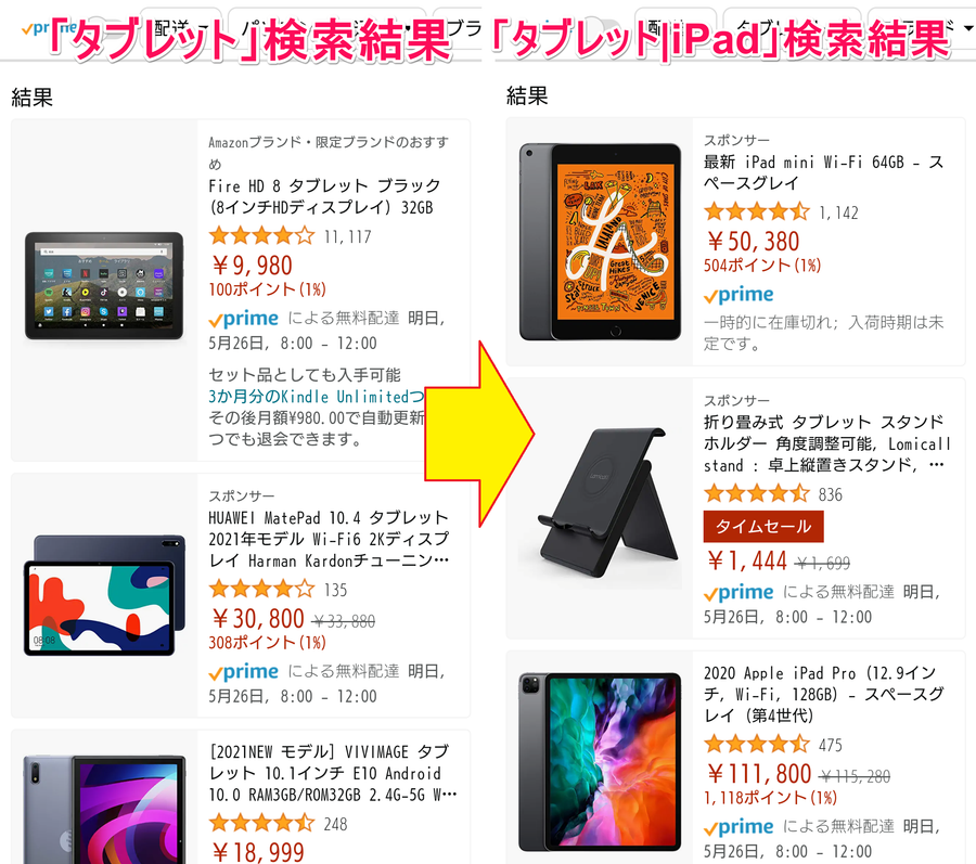 Amazon「タブレット」検索結果＋「タブレット|iPad」検索結果