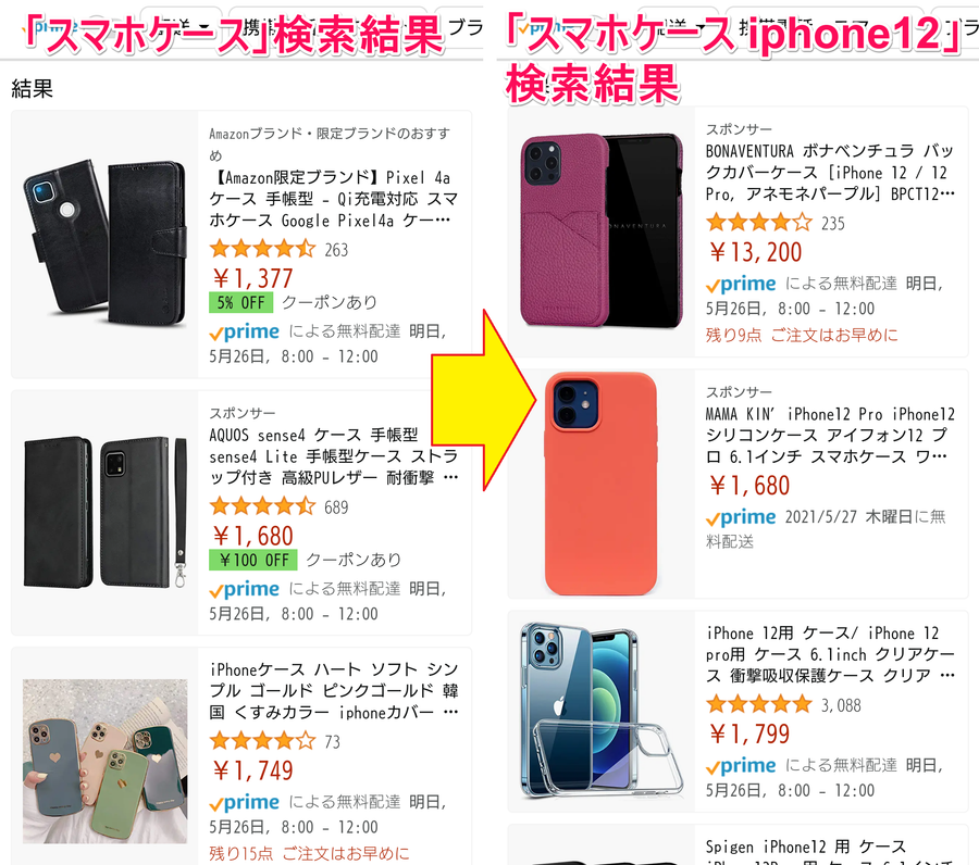 Amazon「スマホケース」検索結果＋「スマホケース iphone12」検索結果