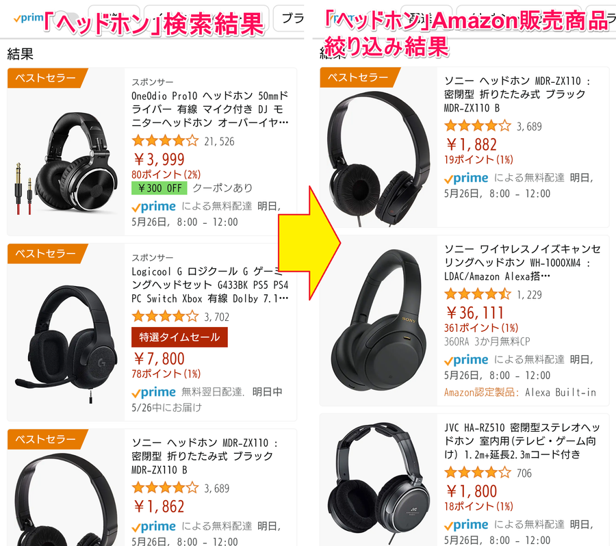 Amazon「ヘッドホン」検索結果＋「ヘッドホン」Amazon販売商品絞り込み結果