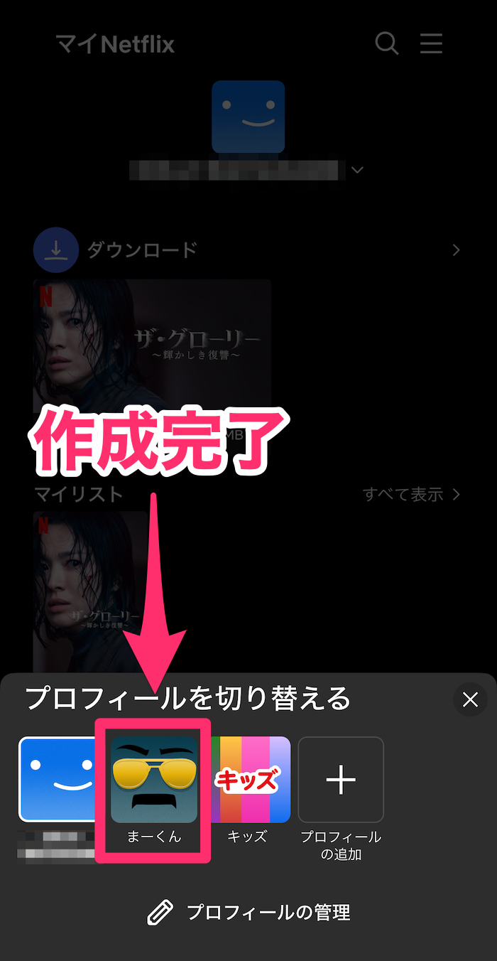 Netflixアプリプロフィールページの画像